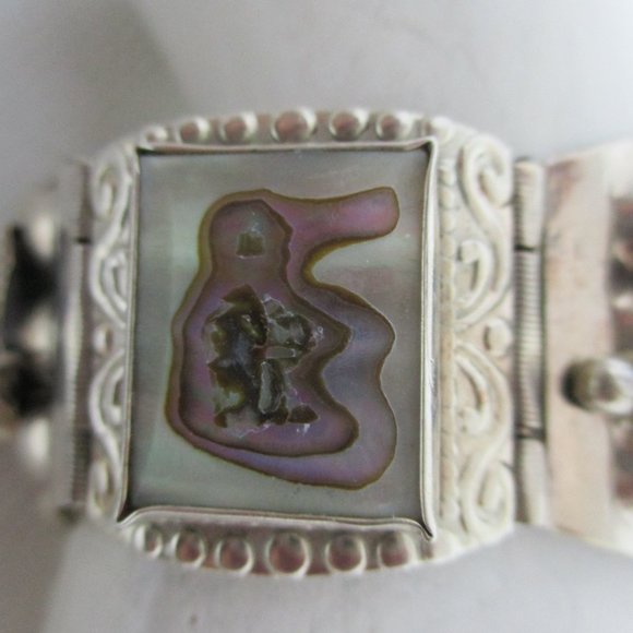 ABALONE MEXICAN SILVER Panel Bracelet Abalone Masks Rectangles Marked Mexico - Picture 6 of 15